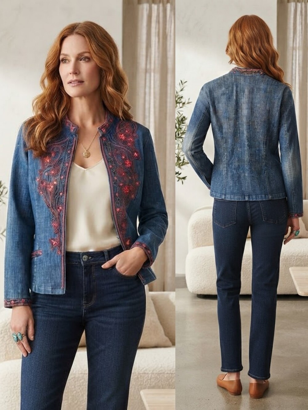 Chico's L Beaded Embroidered Denim Blazer Jacket Bohemian Western Rodeo Artisan